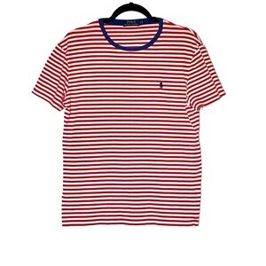 Polo Ralph Lauren Red & White Striped Crewneck Shirt w/ Blue Collar Trim, Small